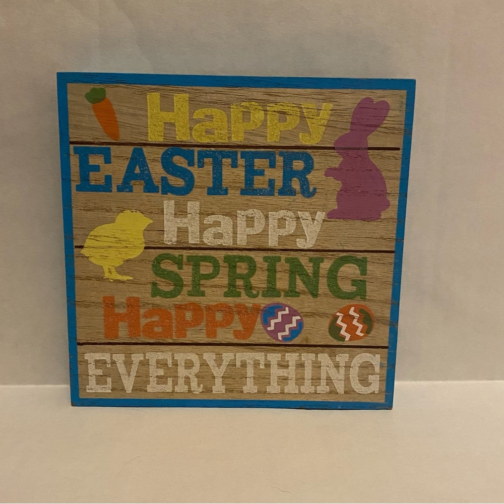 Happy Easter Happy Spring Wooden Block Sign Bunny Chick Easter Decor 6”